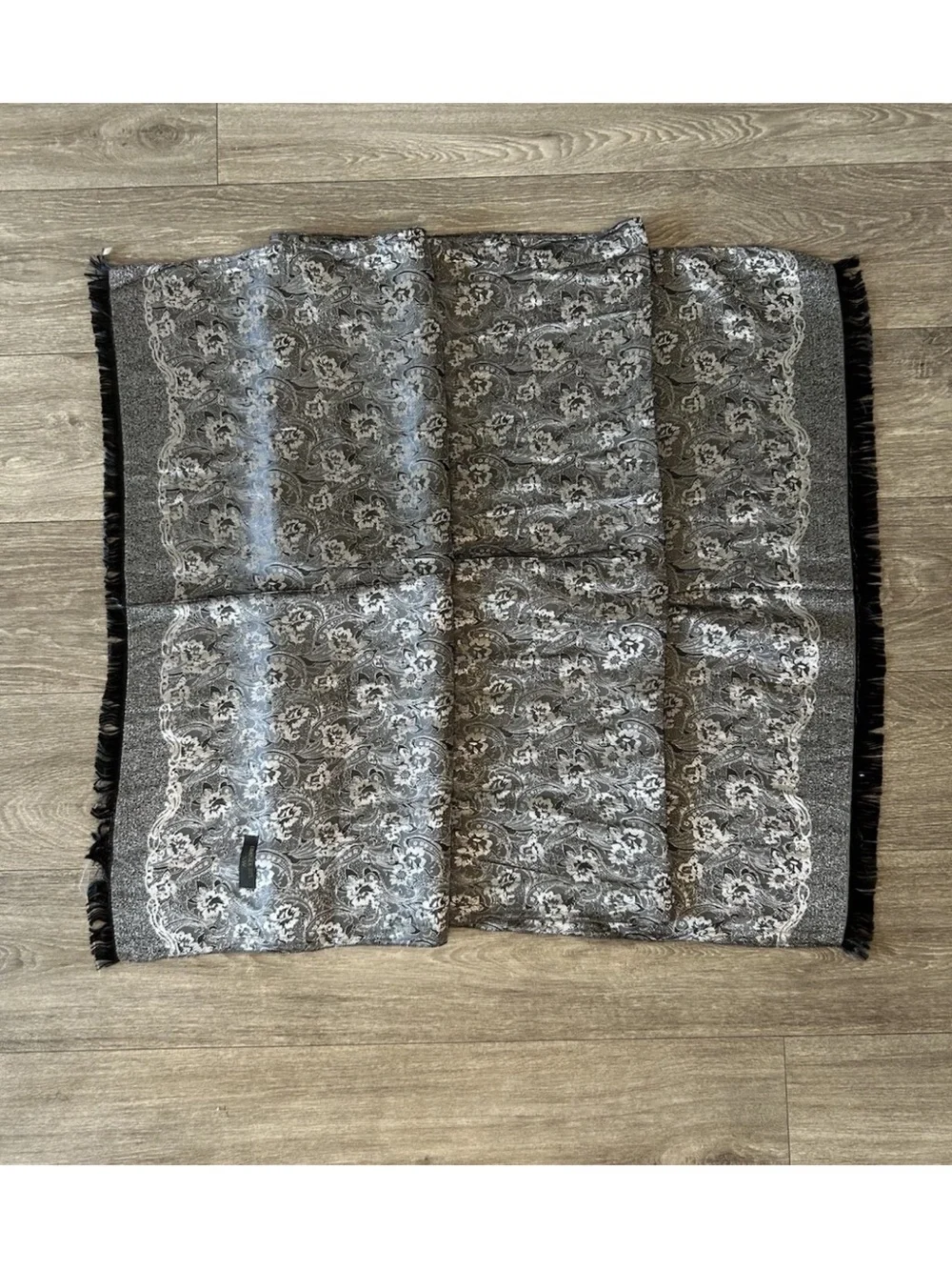 Vintage Thai Silk 100% Silk Shawl Wrap Silver Black Paisley Brocade Fringe 73in